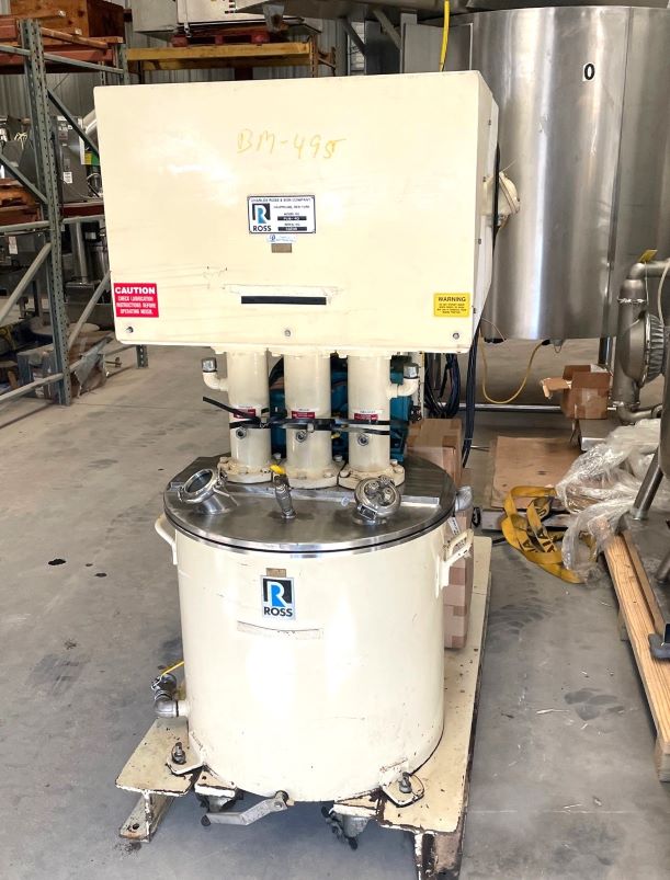 Used ROSS PVM-40 Triple shaft Vacuum Mixer. Has Sweep mixer with scrappers, Dispersion shaft with blade and Emulsifier (parts included but not installed).  5 HP Anchor Mixer, 7.5 HP Disperser and 5 HP Emulsifier with Explosion Proof motors. Includes VFD for disperser and emulsifier. Complete with Kinney mdl. KC 5/8 Vacuum Pump. Has Jacketed Mix Can. S/N 63298